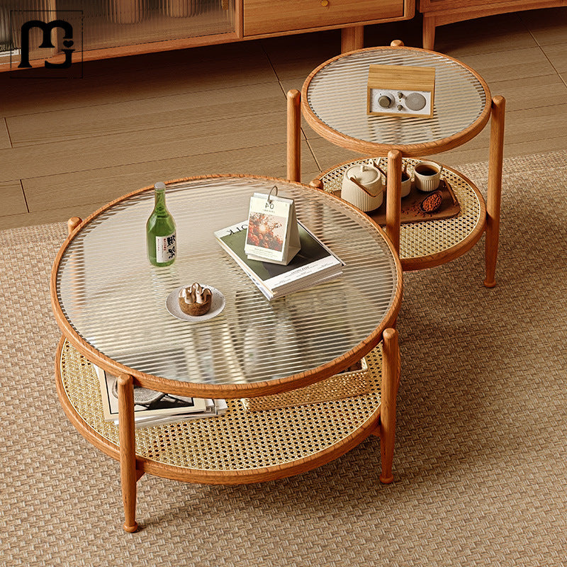Japanese Glass Rattan Solid Wood End Table — Cherry Wood Color