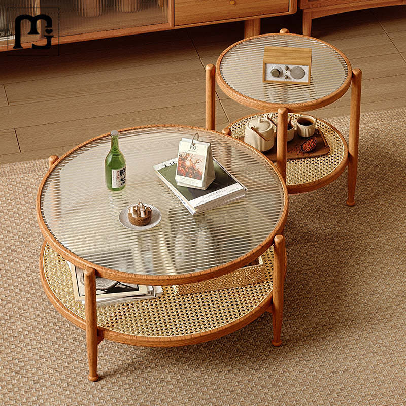 Japanese Glass Rattan Solid Wood End Table — Cherry Wood Color