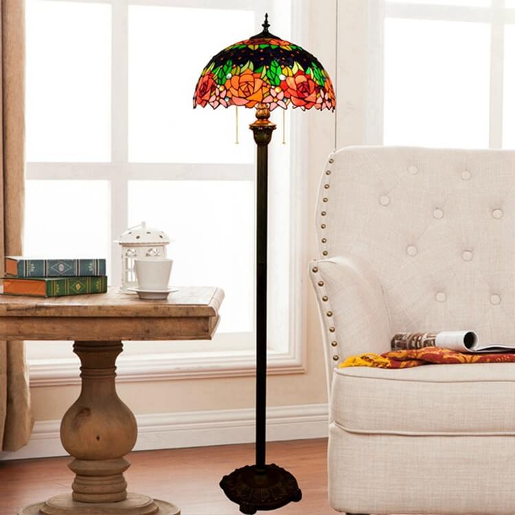 Tiffany Roses Stained Glass Dome 2-Light Floor Lamp — 110V-120V For US/CA
