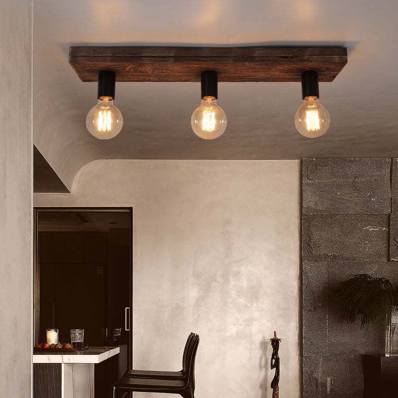Retro Solid Wood Glass 3-Light Flush Mount
