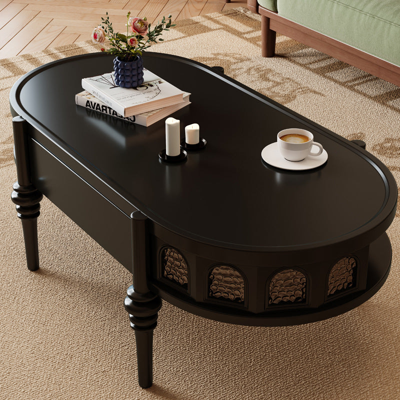 Retro Elliptical Ripple Glass Wood Coffee Table — Black
