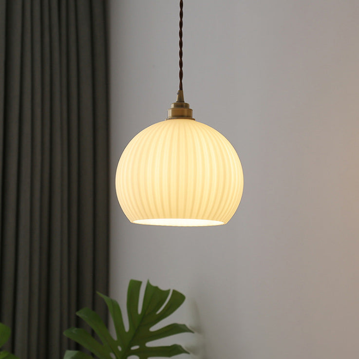 Modern Ribbed Glass Semicircle Copper Pendant Light