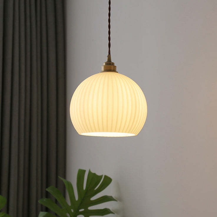 Modern Ribbed Glass Semicircle Copper Pendant Light