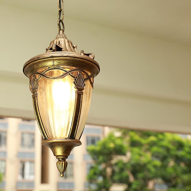 European Vintage Oval Lantern Maple Leaf Outdoor Pendant — Black / 220V-240V For UK/AU