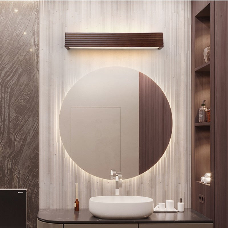 Chinese Striped Wood Cuboid LED Vanity Sconce — White Light (5000K) / 110V-120V For US/CA