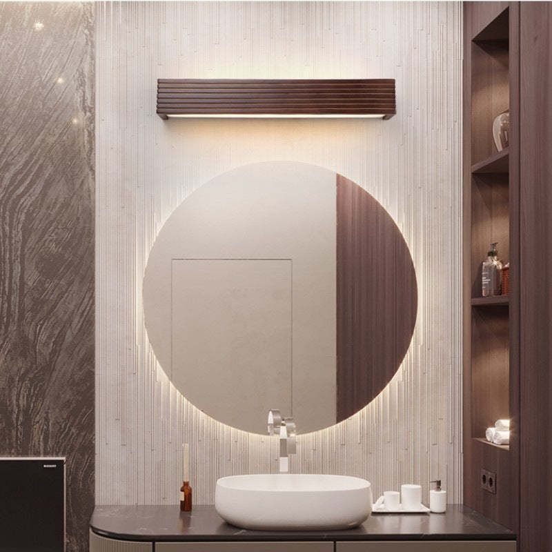 Chinese Striped Wood Cuboid LED Vanity Sconce — White Light (5000K) / 110V-120V For US/CA