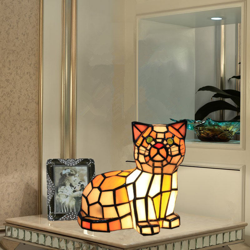 Traditional Tiffany Stained Glass Cat Table Lamp