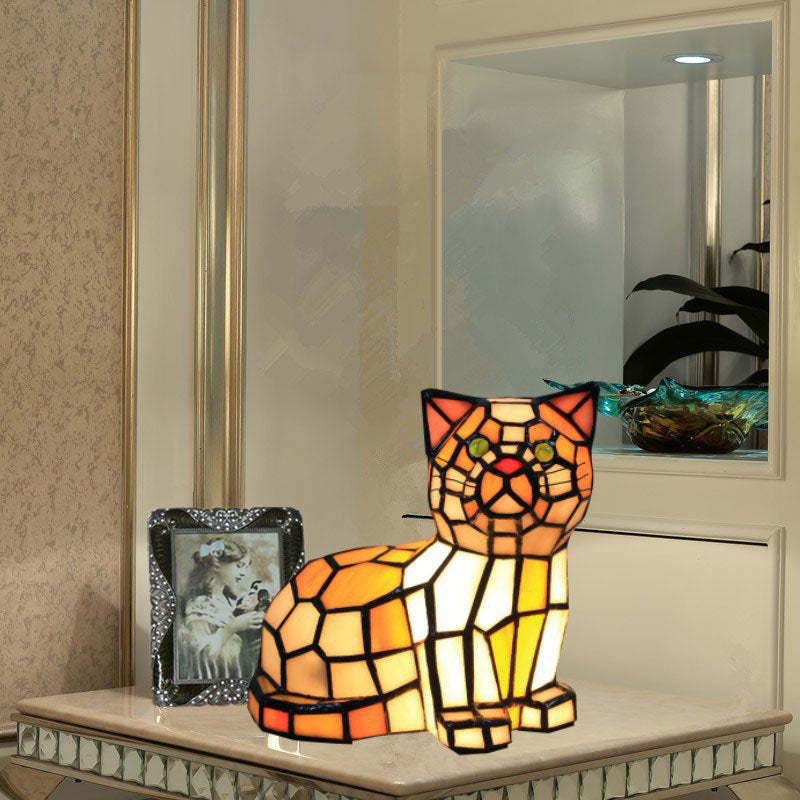 Traditional Tiffany Stained Glass Cat Table Lamp
