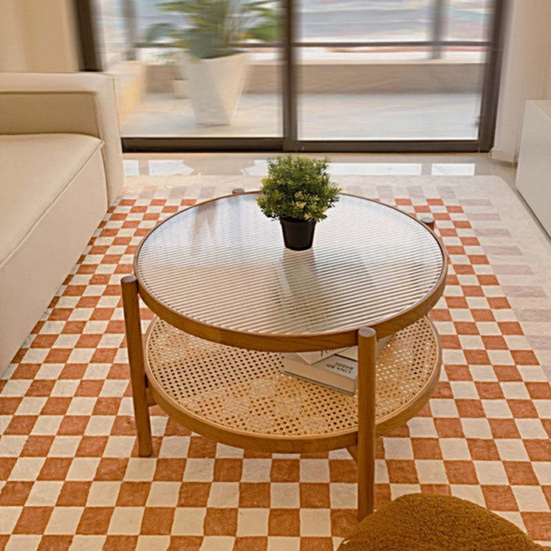 Minimalist Glass Rattan Wood 2-Tier Round Coffee Table