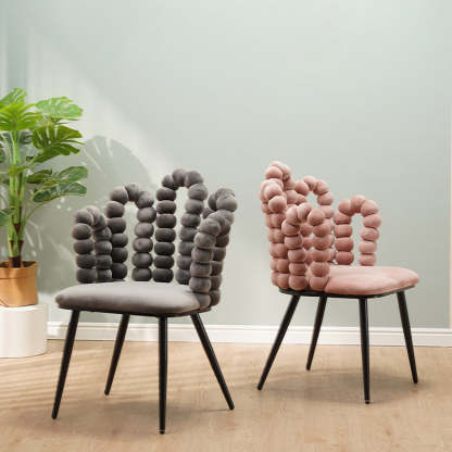 Contemporary Velvet Bead String Trapezoidal Vanity Stool — Gray