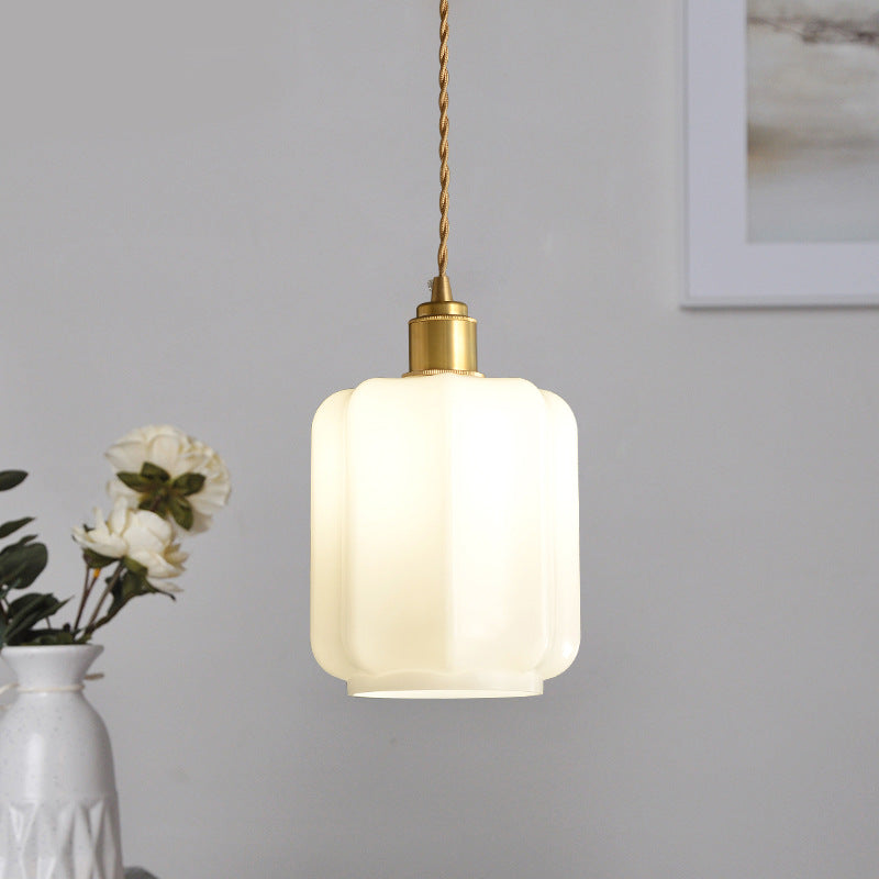 Vintage Cylindrical Brass Glass Pendant Light — White / 110V-120V For US/CA