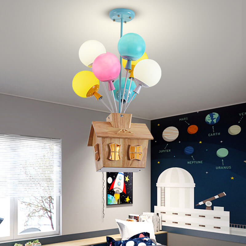 Contemporary House Balloon Iron Wood Glass Chandelier