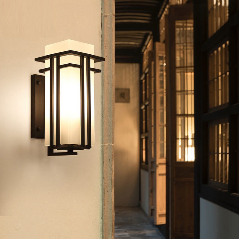 Chinese Square Iron Glass Outdoor Wall Sconce