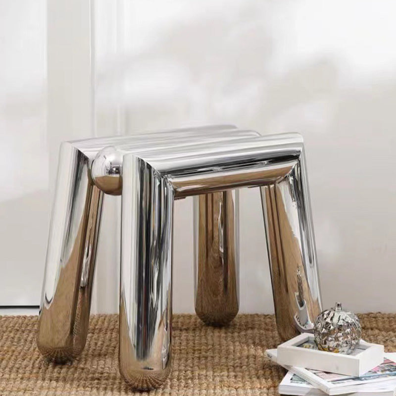 Minimalist Steel Tube Geometric Footstool — Silver
