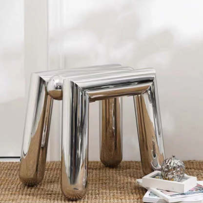 Minimalist Steel Tube Geometric Footstool — Silver