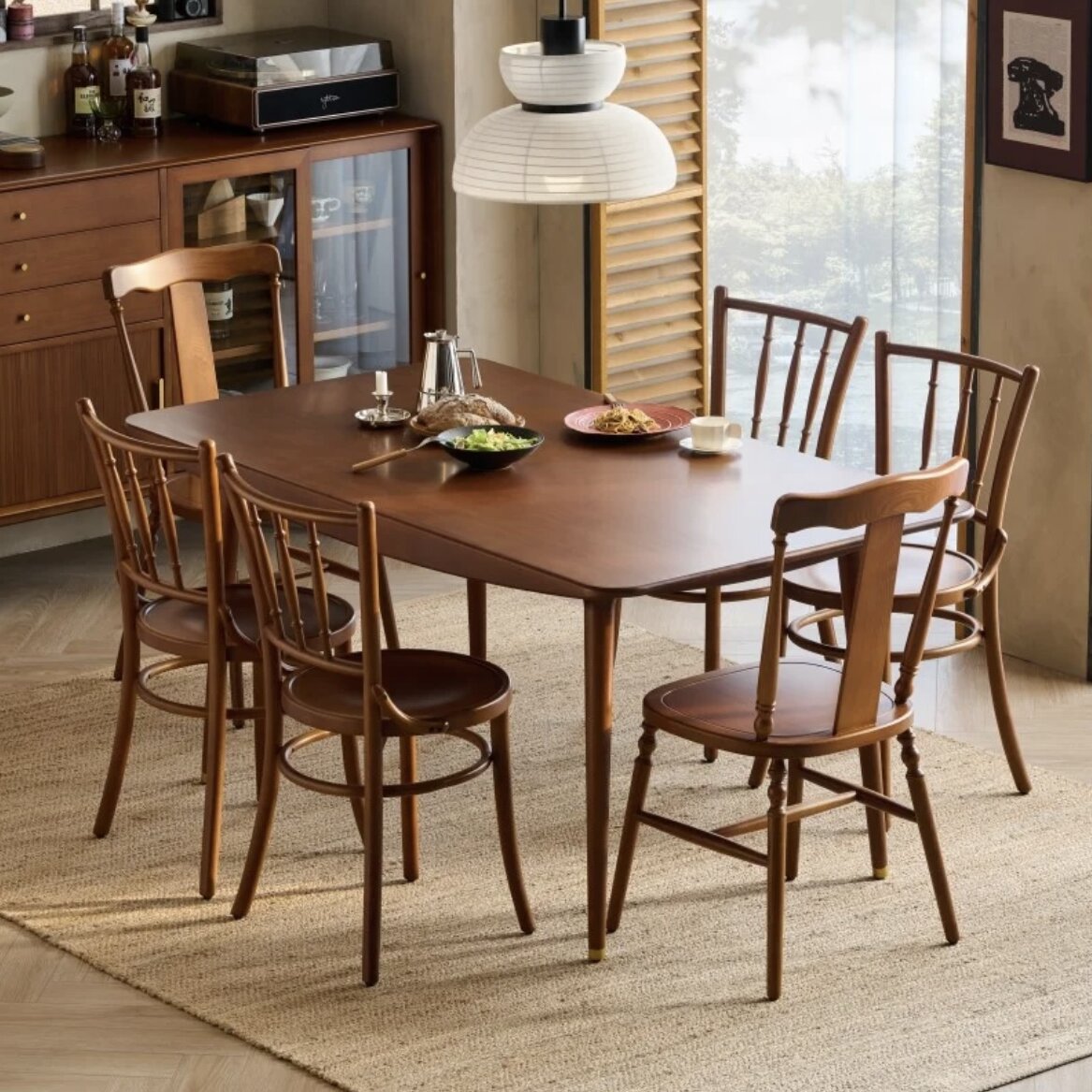 Vintage Cushion Solid Wood Rattan Dining Chair — Ash Wood - Black Walnut Color+ Rattan Seat