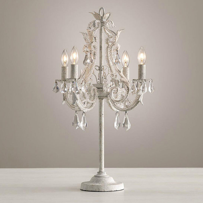 Boho Distressed White Candelabra Crystal Bead Table Lamp