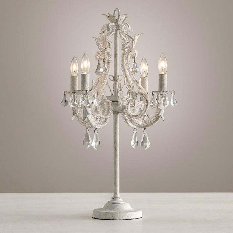 Boho Distressed White Candelabra Crystal Bead Table Lamp