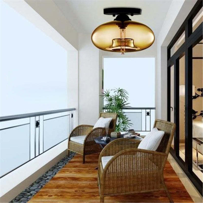 Flat Oval Iron Glass Semi-Flush Ceiling Light