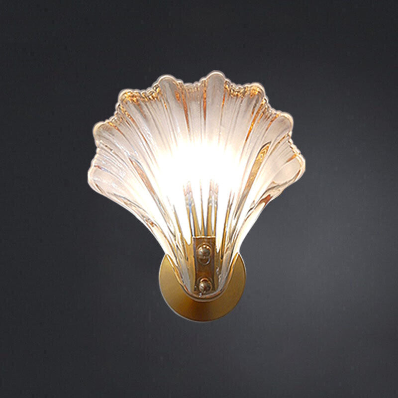Art Deco Scalloped Shell Amber Glass Brass Wall Sconce