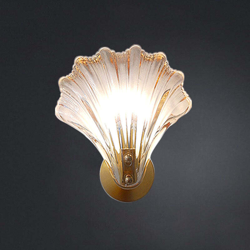 Art Deco Scalloped Shell Amber Glass Brass Wall Sconce