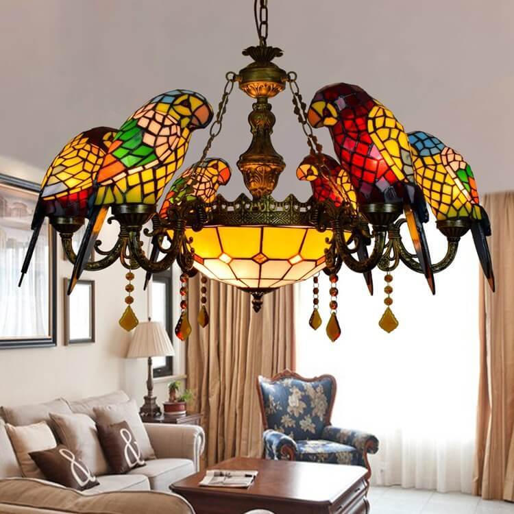Tiffany Luxe Stained Glass Parrot Chandelier