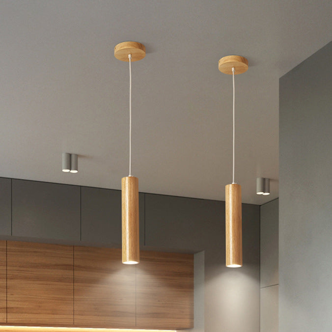 Minimalist Rubberwood Cylinder Spotlight LED Pendant Light