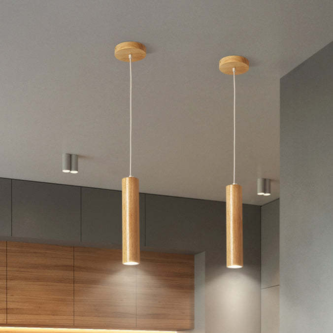 Minimalist Rubberwood Cylinder Spotlight LED Pendant Light