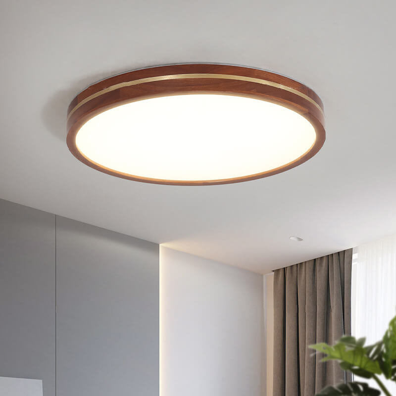 Modern Walnut Wooden Slim LED Flush Mount Light
