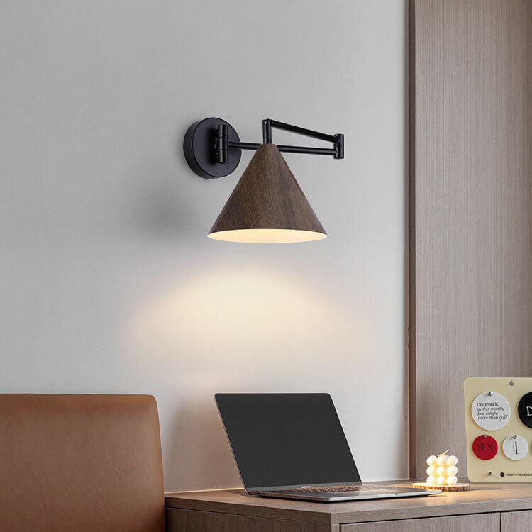 Nordic Cone Swing Arm Wood Grain Iron Wall Sconce