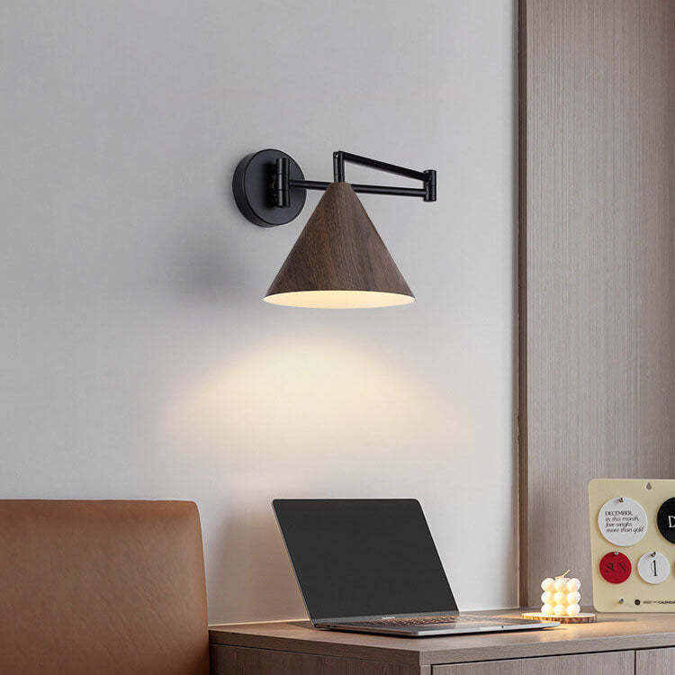 Nordic Cone Swing Arm Wood Grain Iron Wall Sconce