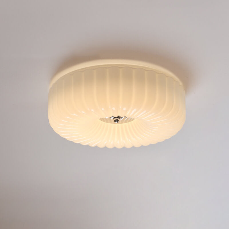 French Minimalist Cream Textured Glass LED Flush Light