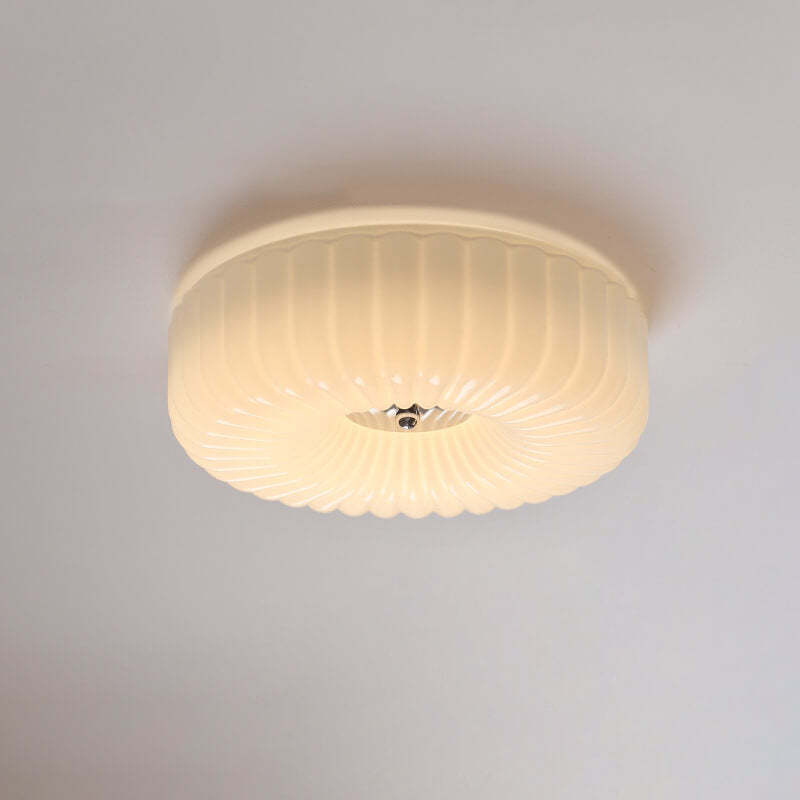 French Minimalist Cream Textured Glass LED Flush Light