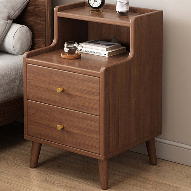 Chinese Wood Nightstand 2-Drawer Shelf — Walnut