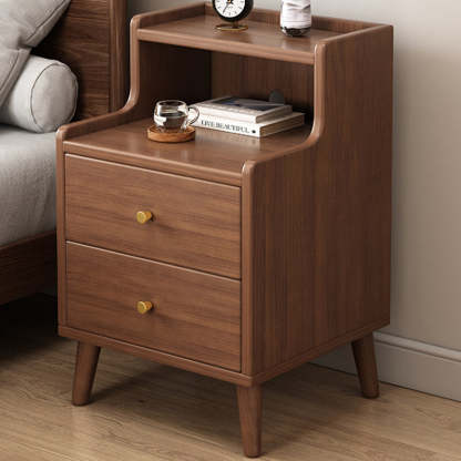 Chinese Wood Nightstand 2-Drawer Shelf — Walnut