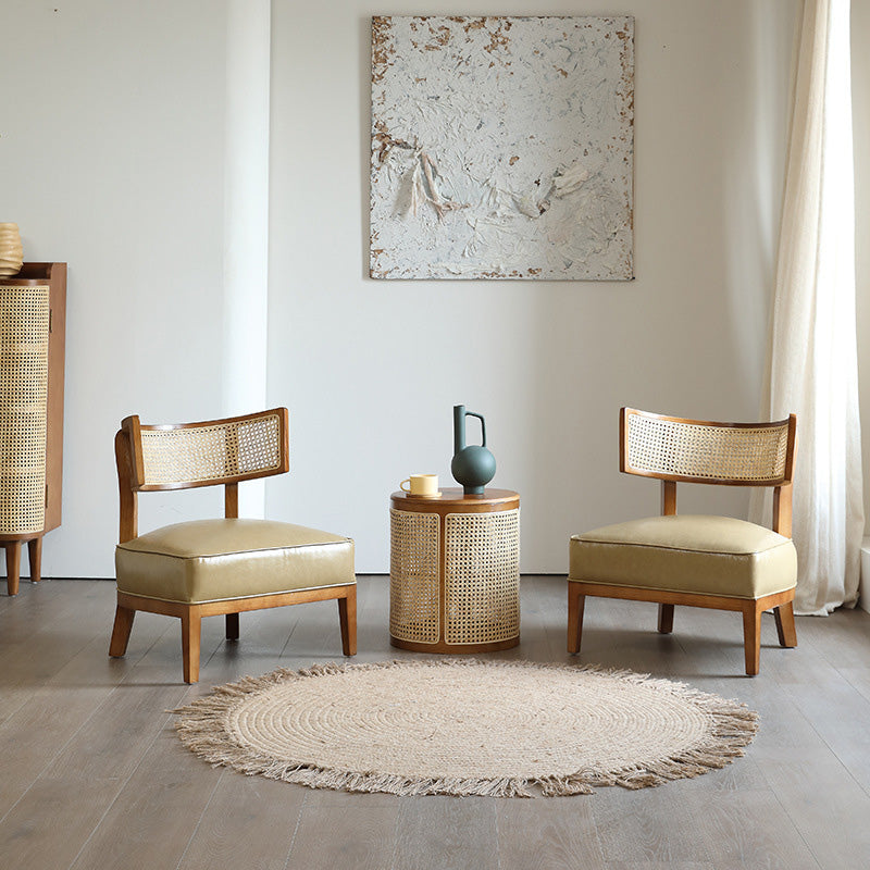 Nordic Curved Wood Rattan Leather Accent Chair