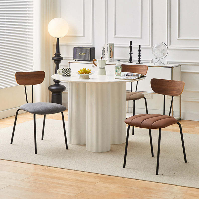 Contemporary PU Leather Steel Dining Chair — Walnut Backrest + Gray Cotton And Linen Cushion