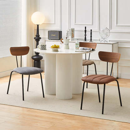 Contemporary PU Leather Steel Dining Chair — Walnut Backrest + Gray Cotton And Linen Cushion