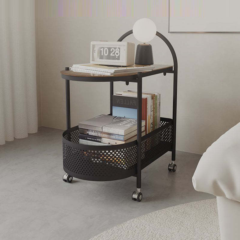 Contemporary Glass Iron Round Rolling Side Table 2-Tier