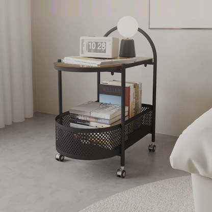 Contemporary Glass Iron Round Rolling Side Table 2-Tier