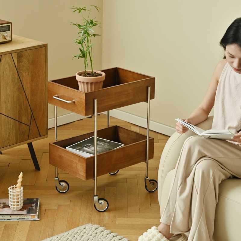 Retro Wood Stainless Steel Movable Side Table
