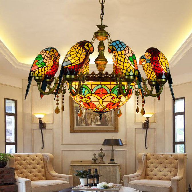 Traditional Tiffany Metal Glass Dome Parrot Chandelier
