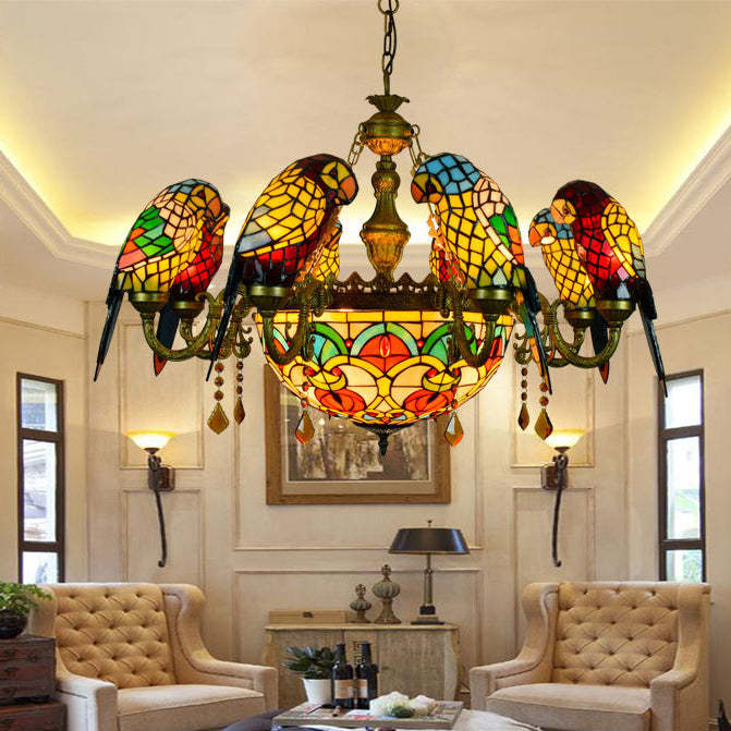 Traditional Tiffany Metal Glass Dome Parrot Chandelier