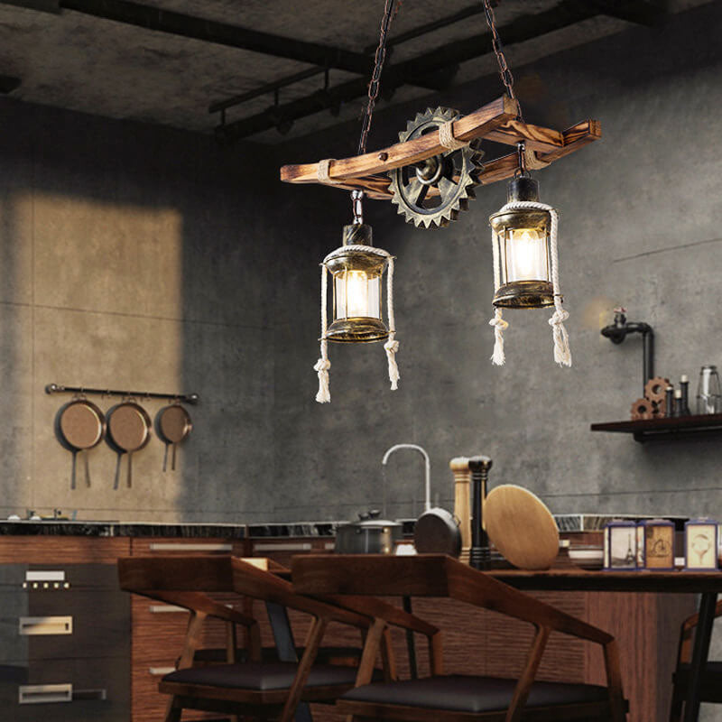 Vintage Industrial Wood Metal Island Chandelier