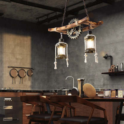 Vintage Industrial Wood Metal Island Chandelier