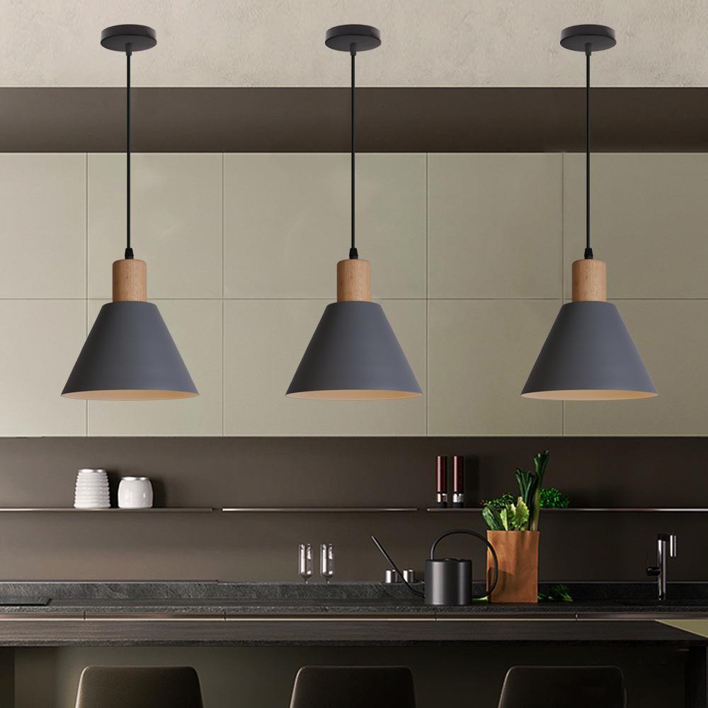 Nordic Vintage Iron Cone Wood Top Pendant