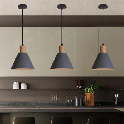 Nordic Vintage Iron Cone Wood Top Pendant