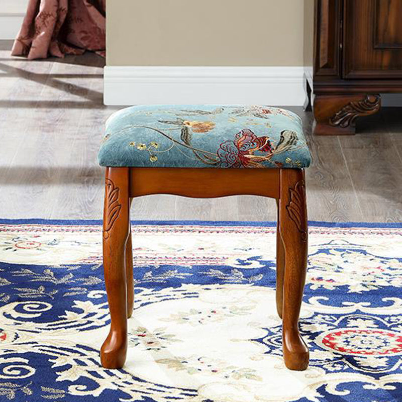 European Fabric Carved Wood Vanity Stool