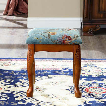 European Fabric Carved Wood Vanity Stool