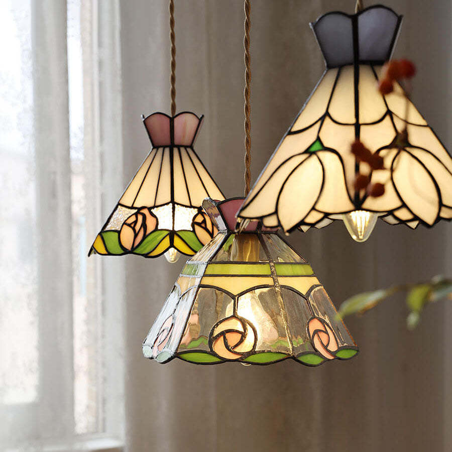 Vintage Tiffany Rose Conical Stained Glass Pendant Light